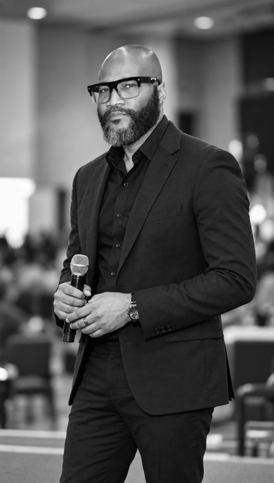 Lee Williams standing with a handheld microphone